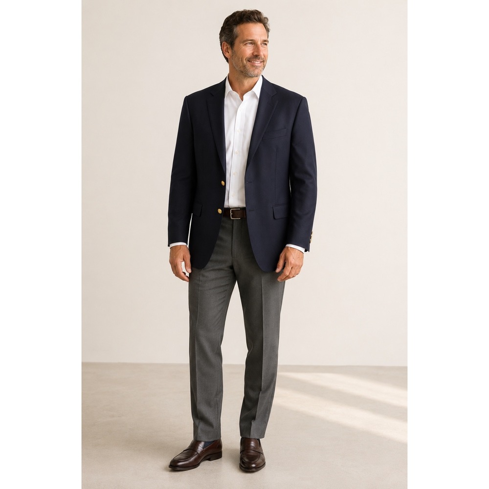Botany 500 Mens 44 Long Navy Blue Worsted Wool Blazer Gold Buttons Old Money